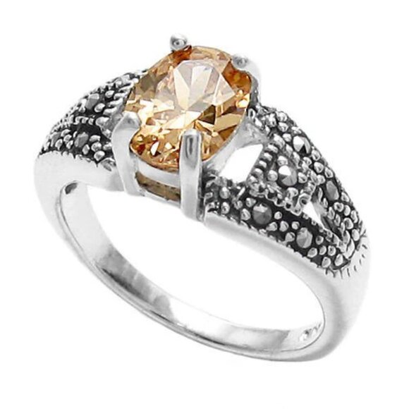 CLASSIC MARCASITE RING WITH ORANGE OVAL CZ CENTER STONE IN STERLING SILVER. - Picture 1 of 3